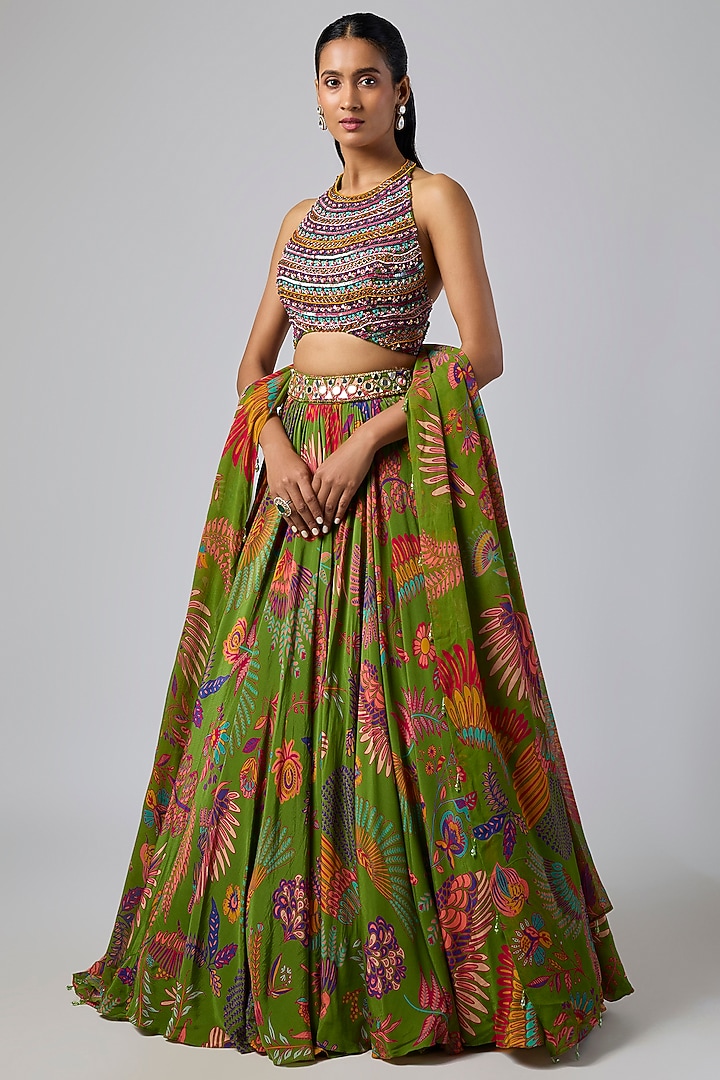Pear Green Tulle & Georgette Featherfall Printed Wedding Lehenga Set by DiyaRajvvir at Pernia's Pop Up Shop