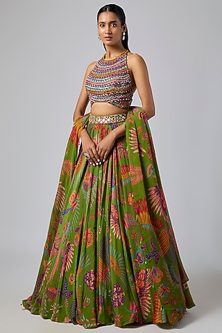 Pear Green Tulle & Georgette Featherfall Printed Lehenga Set by DiyaRajvvir