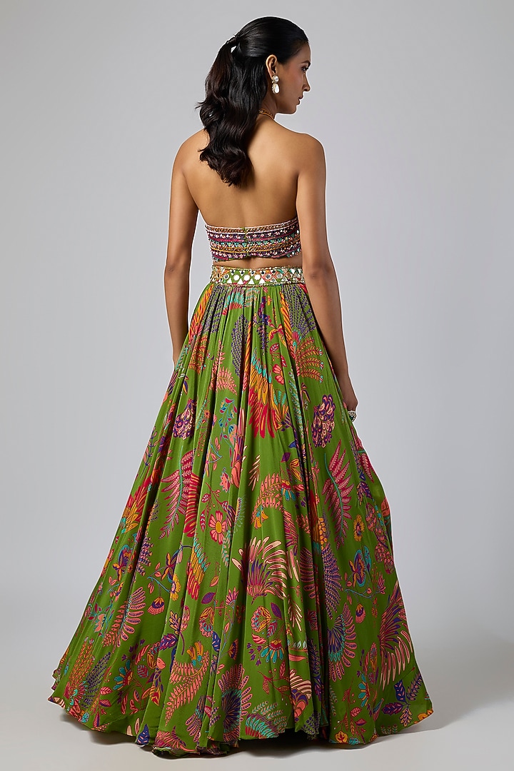 Pear Green Tulle & Georgette Featherfall Printed Wedding Lehenga Set by DiyaRajvvir at Pernia's Pop Up Shop