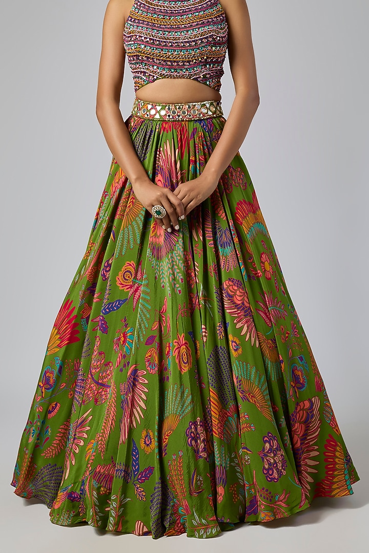 Pear Green Tulle & Georgette Featherfall Printed Wedding Lehenga Set by DiyaRajvvir at Pernia's Pop Up Shop