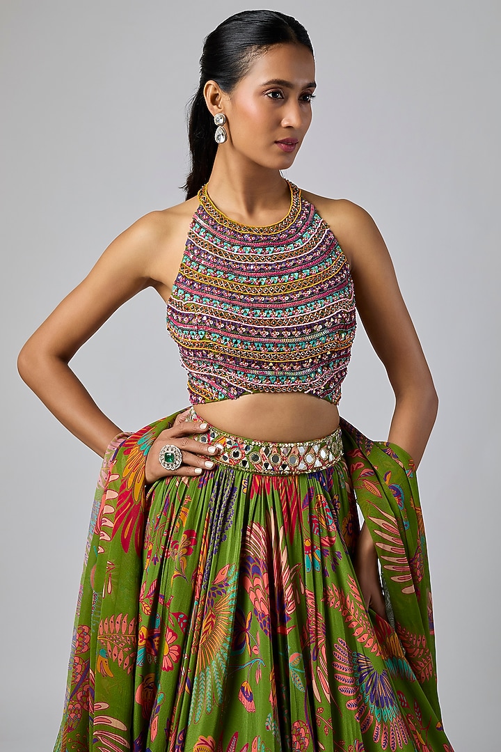 Pear Green Tulle & Georgette Featherfall Printed Wedding Lehenga Set by DiyaRajvvir at Pernia's Pop Up Shop