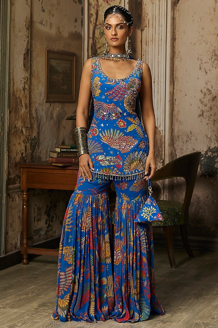 Electric Blue Crepe Featherfall Printed Gharara Set by DiyaRajvvir at Pernia's Pop Up Shop