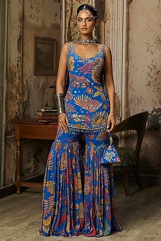 Electric Blue Crepe Featherfall Printed Gharara Set by DiyaRajvvir
