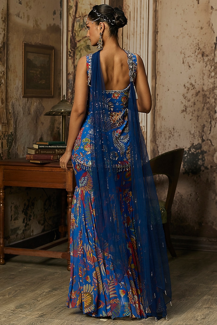 Electric Blue Crepe Featherfall Printed Gharara Set by DiyaRajvvir at Pernia's Pop Up Shop