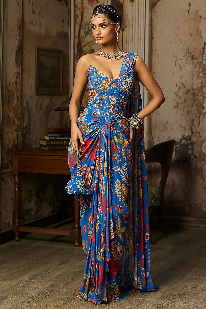 Electric Blue Crepe Featherfall Printed Dhoti Skirt Wedding Saree Set by DiyaRajvvir at Pernia's Pop Up Shop