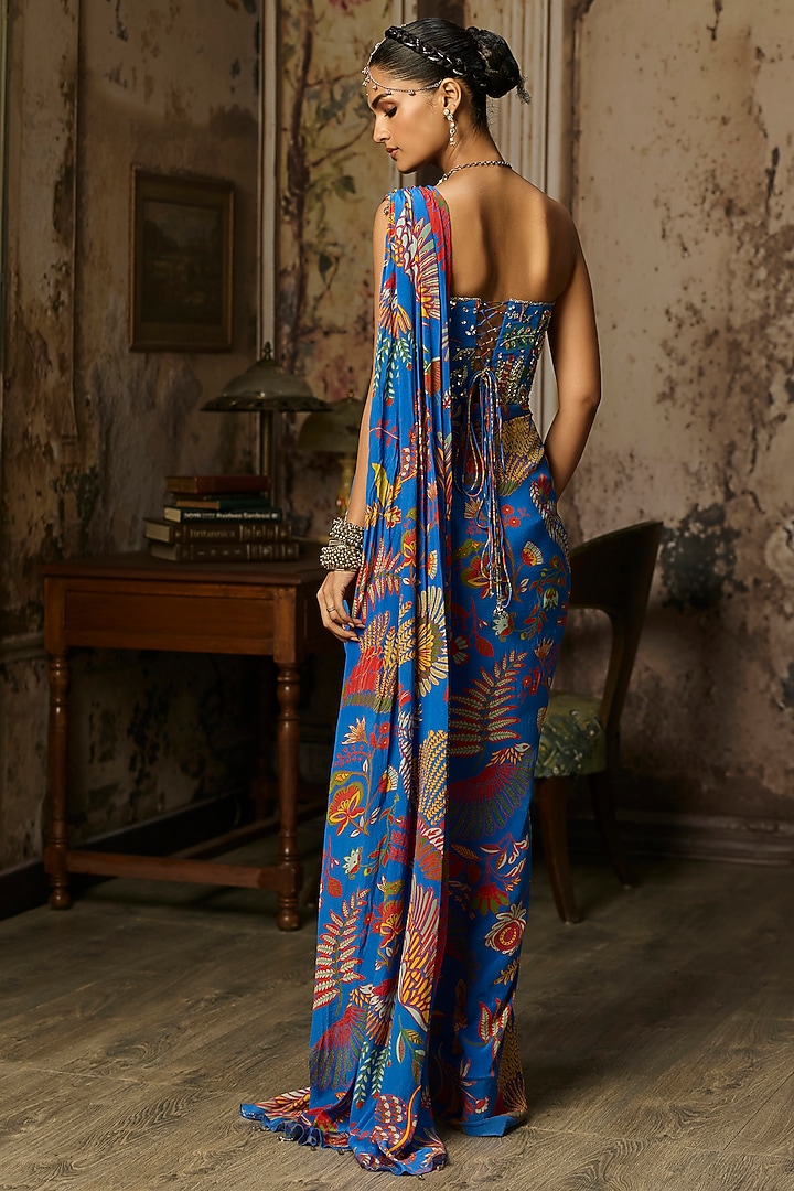 Electric Blue Crepe Featherfall Printed Dhoti Skirt Wedding Saree Set by DiyaRajvvir at Pernia's Pop Up Shop