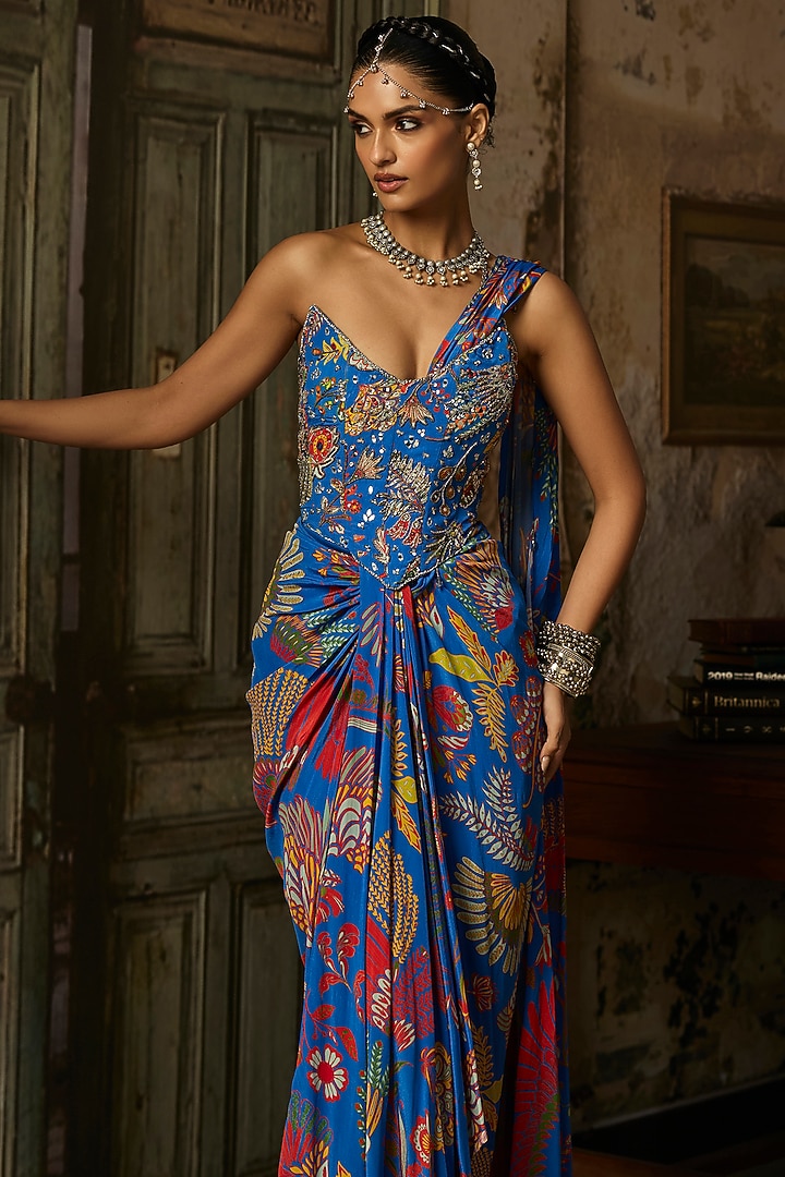 Electric Blue Crepe Featherfall Printed Dhoti Skirt Wedding Saree Set by DiyaRajvvir at Pernia's Pop Up Shop