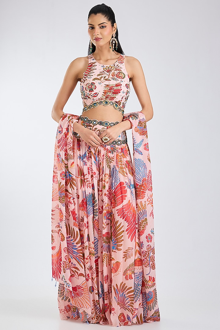 Blush Pink Crepe Featherfall Printed Wedding Sharara Set by DiyaRajvvir at Pernia's Pop Up Shop