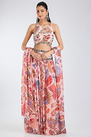 Blush Pink Crepe Featherfall Printed Sharara Set by DiyaRajvvir