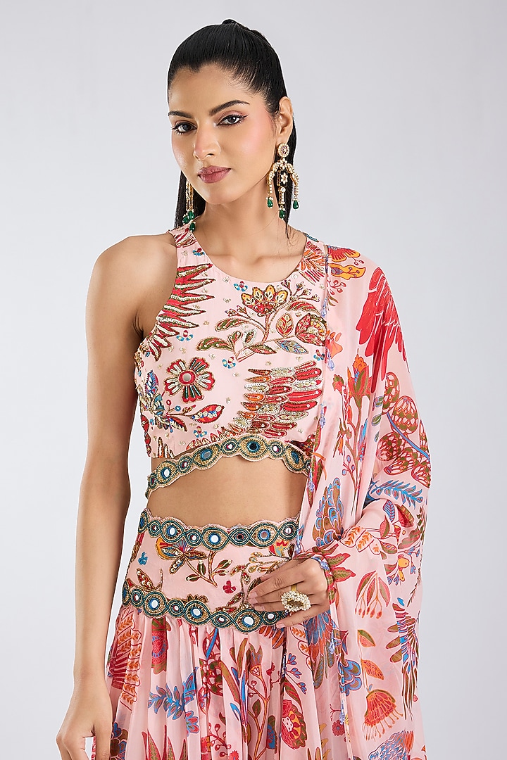 Blush Pink Crepe Featherfall Printed Wedding Sharara Set by DiyaRajvvir at Pernia's Pop Up Shop