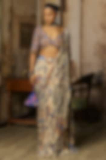 Ivory Crepe Featherfall Printed Draped Sharara Wedding Saree Set by DiyaRajvvir at Pernia's Pop Up Shop