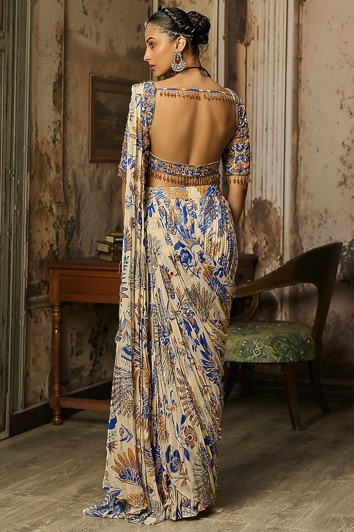 Ivory Crepe Featherfall Printed Draped Sharara Wedding Saree Set by DiyaRajvvir at Pernia's Pop Up Shop