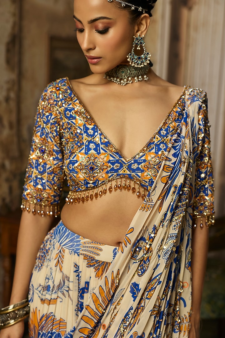 Ivory Crepe Featherfall Printed Draped Sharara Wedding Saree Set by DiyaRajvvir at Pernia's Pop Up Shop
