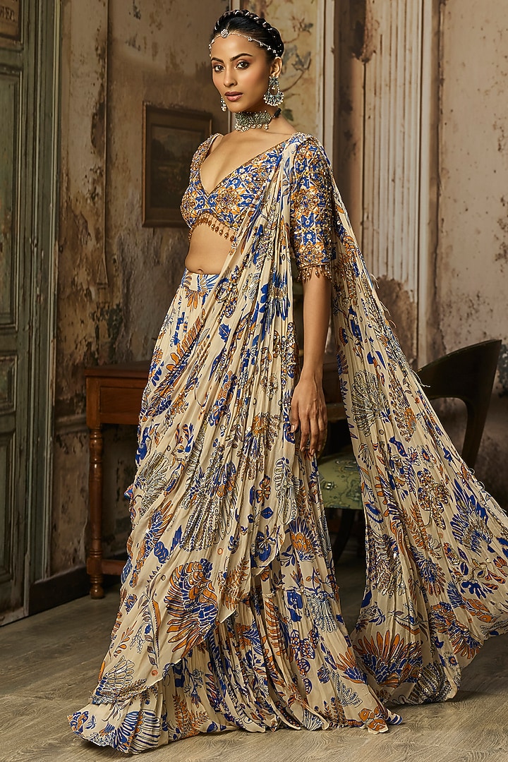 Ivory Crepe Featherfall Printed Draped Sharara Wedding Saree Set by DiyaRajvvir at Pernia's Pop Up Shop