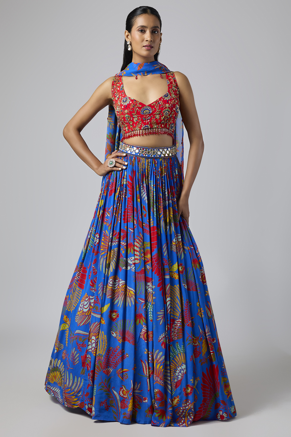 DiyaRajvvir Electric Blue Crepe & Georgette Featherfall Printed Lehenga Set