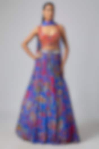 Electric Blue Crepe & Georgette Featherfall Printed Wedding Lehenga Set by DiyaRajvvir at Pernia's Pop Up Shop