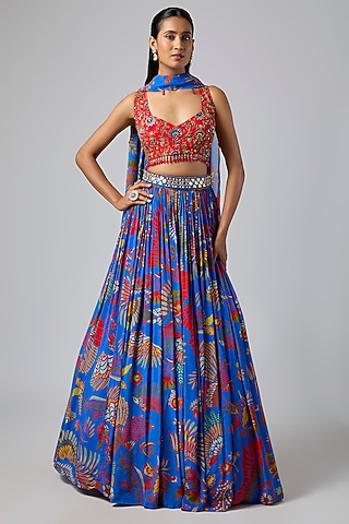 Electric Blue Crepe & Georgette Featherfall Printed Lehenga Set by DiyaRajvvir