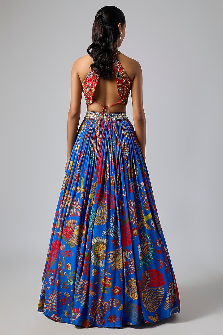 Electric Blue Crepe & Georgette Featherfall Printed Wedding Lehenga Set by DiyaRajvvir at Pernia's Pop Up Shop