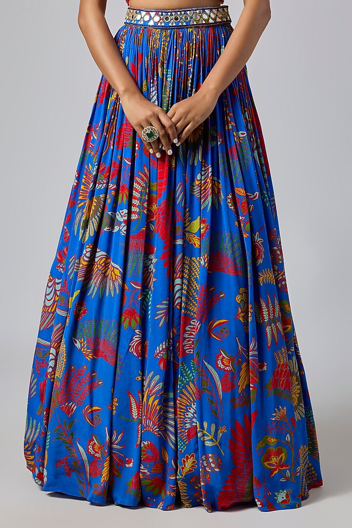 Electric Blue Crepe & Georgette Featherfall Printed Wedding Lehenga Set by DiyaRajvvir at Pernia's Pop Up Shop