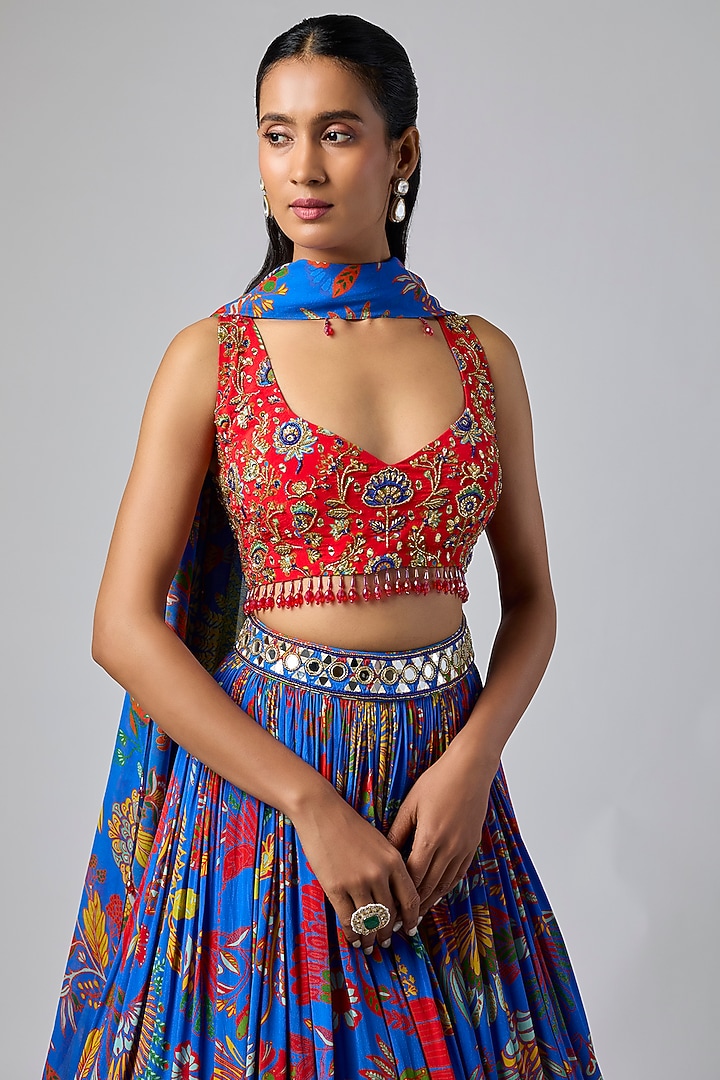 Electric Blue Crepe & Georgette Featherfall Printed Wedding Lehenga Set by DiyaRajvvir at Pernia's Pop Up Shop