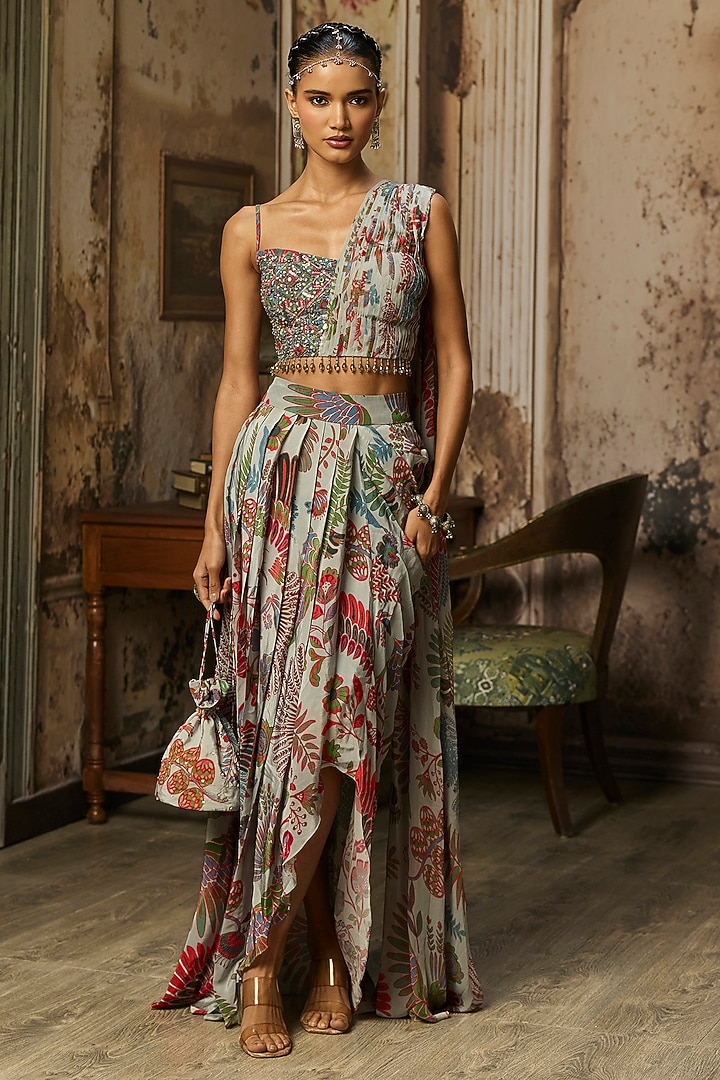 Stale Grey Crepe Featherfall Printed Dhoti Skirt Set by DiyaRajvvir at Pernia's Pop Up Shop