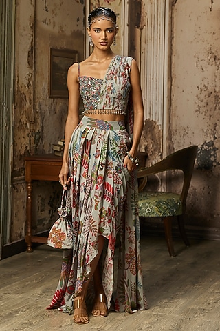 Stale Grey Crepe Featherfall Printed Dhoti Skirt Set by DiyaRajvvir