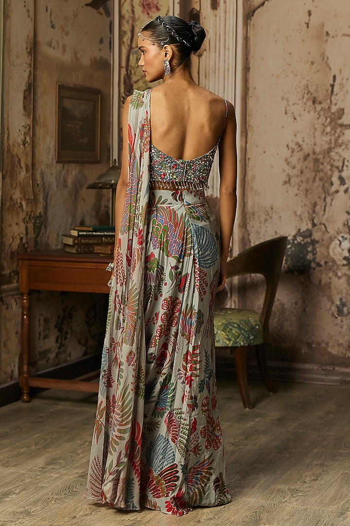 Stale Grey Crepe Featherfall Printed Dhoti Skirt Set by DiyaRajvvir at Pernia's Pop Up Shop