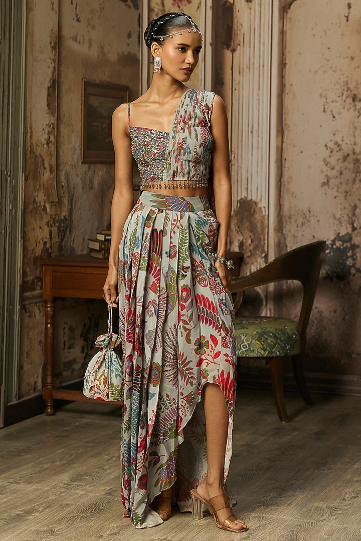 Stale Grey Crepe Featherfall Printed Dhoti Skirt Set by DiyaRajvvir at Pernia's Pop Up Shop
