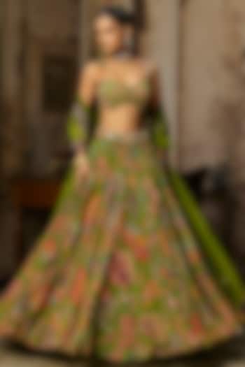 Pear Green Crepe Featherfall Printed Wedding Lehenga Set by DiyaRajvvir at Pernia's Pop Up Shop