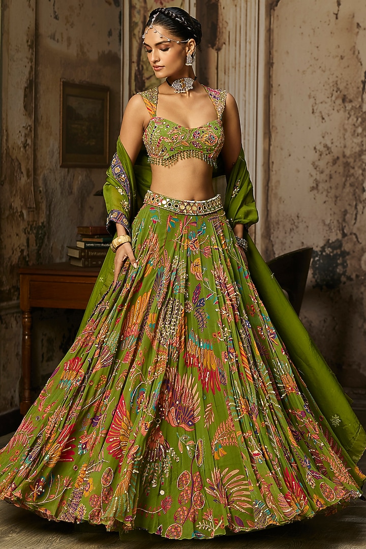 Pear Green Crepe Featherfall Printed Wedding Lehenga Set by DiyaRajvvir at Pernia's Pop Up Shop