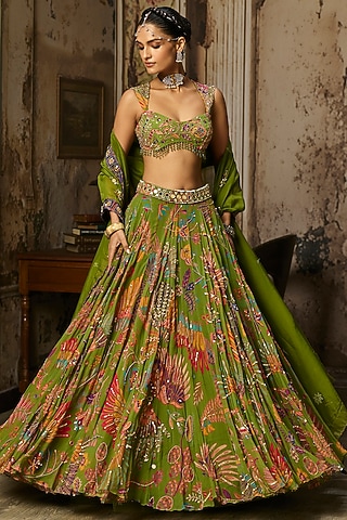 Pear Green Crepe Featherfall Printed Lehenga Set by DiyaRajvvir