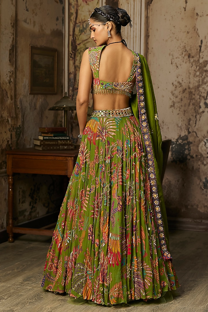 Pear Green Crepe Featherfall Printed Wedding Lehenga Set by DiyaRajvvir at Pernia's Pop Up Shop