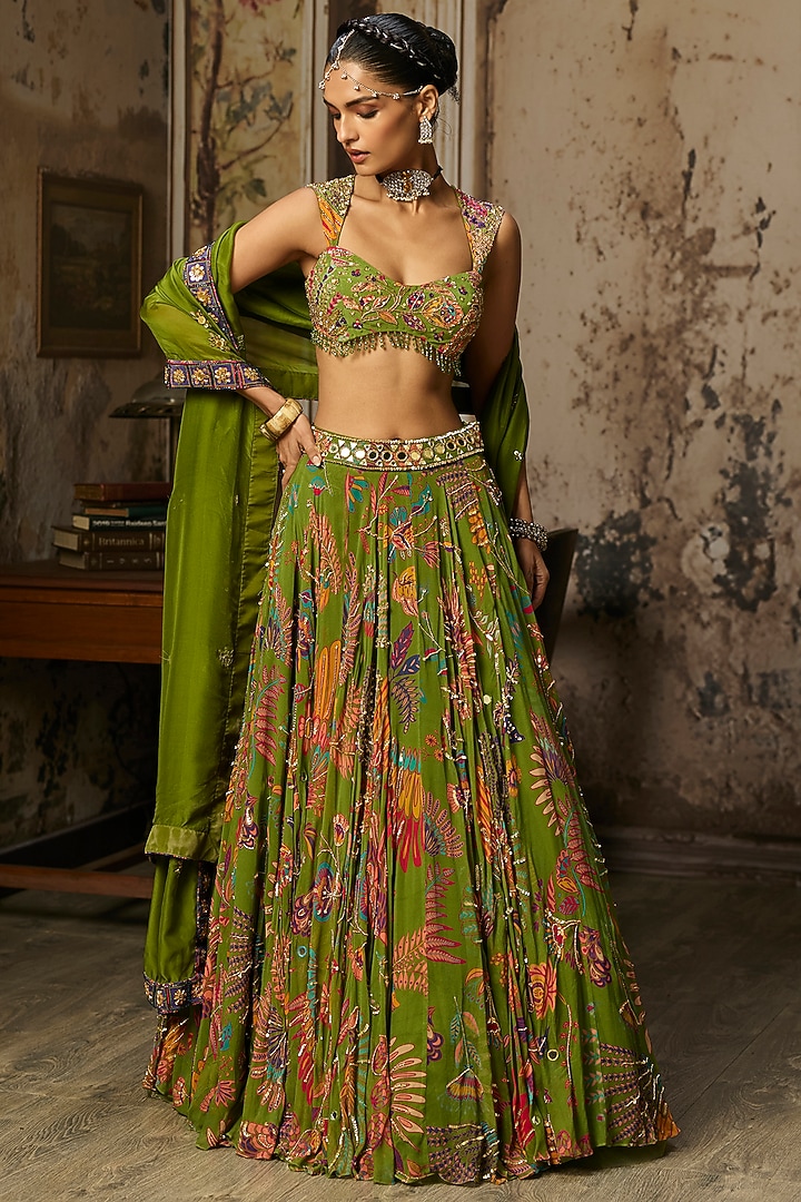 Pear Green Crepe Featherfall Printed Wedding Lehenga Set by DiyaRajvvir at Pernia's Pop Up Shop