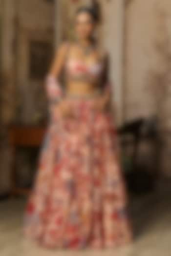 Blush Pink Crepe Featherfall Printed Wedding Lehenga Set by DiyaRajvvir at Pernia's Pop Up Shop