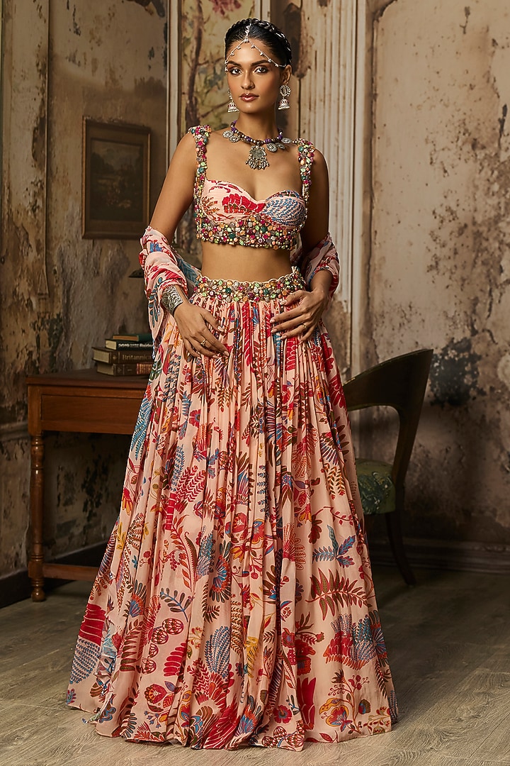 Blush Pink Crepe Featherfall Printed Wedding Lehenga Set by DiyaRajvvir at Pernia's Pop Up Shop
