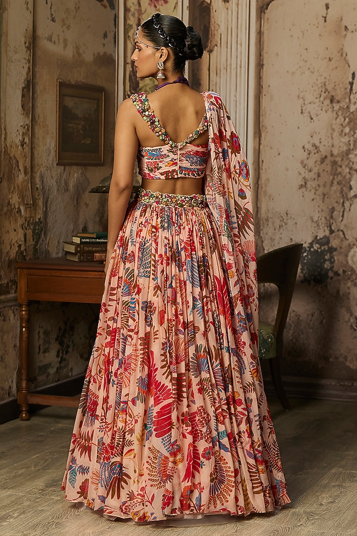 Blush Pink Crepe Featherfall Printed Wedding Lehenga Set by DiyaRajvvir at Pernia's Pop Up Shop