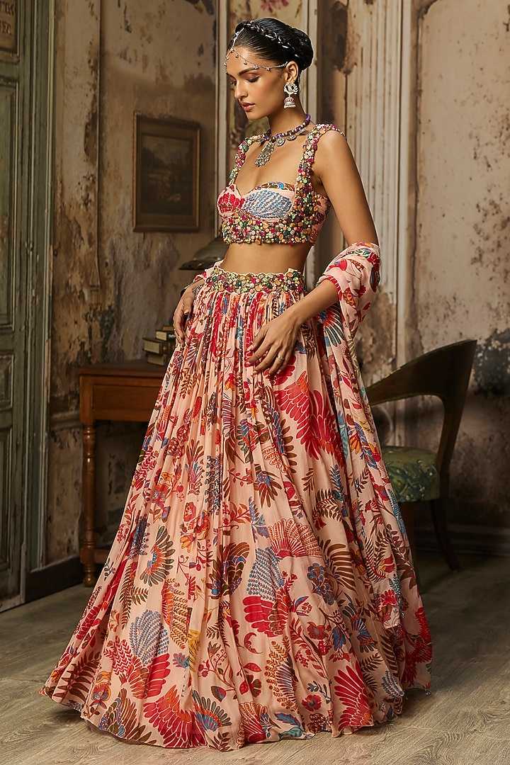 Blush Pink Crepe Featherfall Printed Wedding Lehenga Set by DiyaRajvvir at Pernia's Pop Up Shop