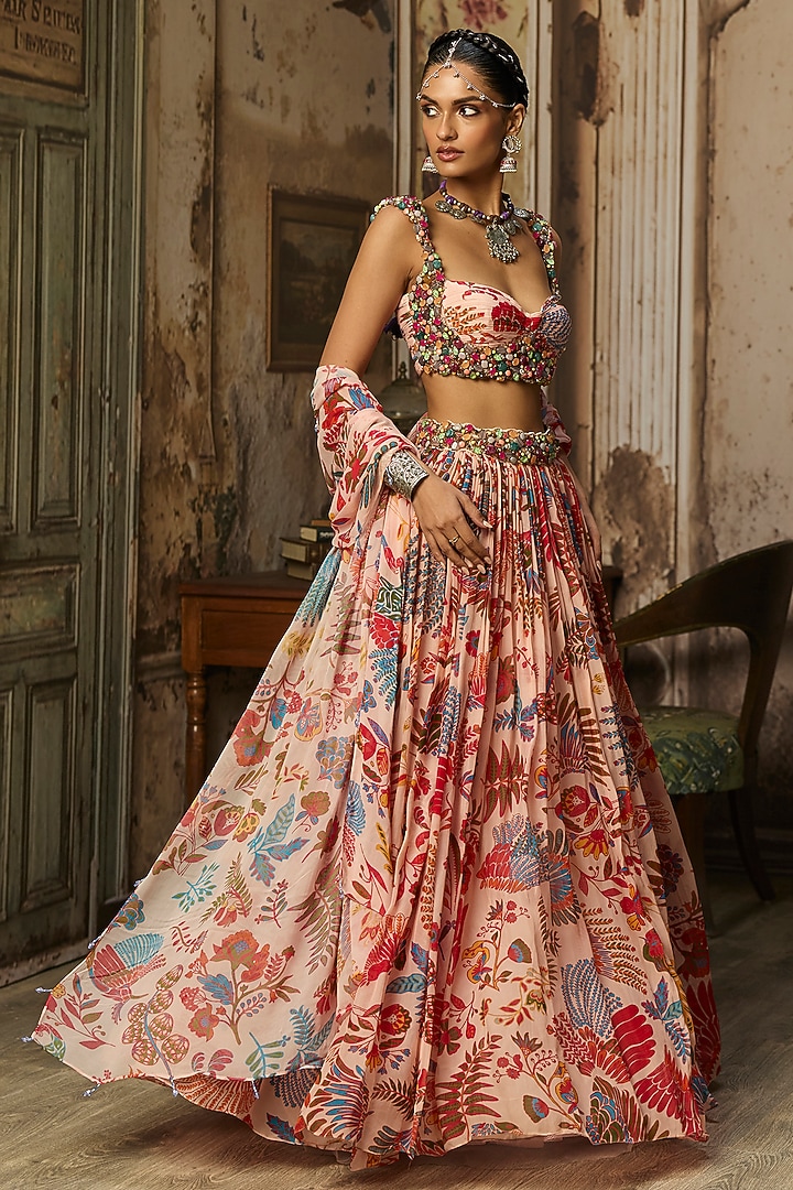 Blush Pink Crepe Featherfall Printed Wedding Lehenga Set by DiyaRajvvir at Pernia's Pop Up Shop