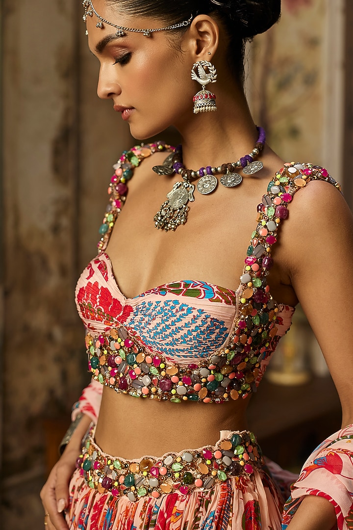 Blush Pink Crepe Featherfall Printed Wedding Lehenga Set by DiyaRajvvir at Pernia's Pop Up Shop