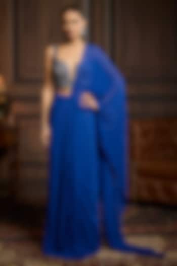 Electric Blue Tulle Pre-Draped Skirt Wedding Saree Set by DiyaRajvvir at Pernia's Pop Up Shop