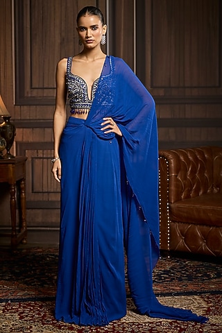 Electric Blue Tulle Pre-Draped Skirt Saree Set by DiyaRajvvir