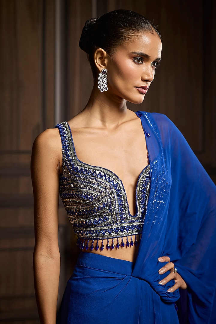 Electric Blue Tulle Pre-Draped Skirt Wedding Saree Set by DiyaRajvvir at Pernia's Pop Up Shop