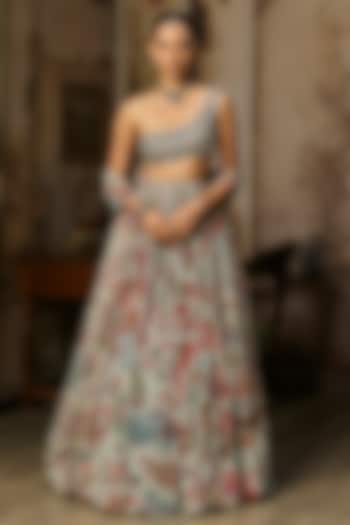 Stale Grey Crepe Featherfall Printed Wedding Lehenga Set by DiyaRajvvir at Pernia's Pop Up Shop