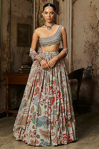 Stale Grey Crepe Featherfall Printed Lehenga Set by DiyaRajvvir