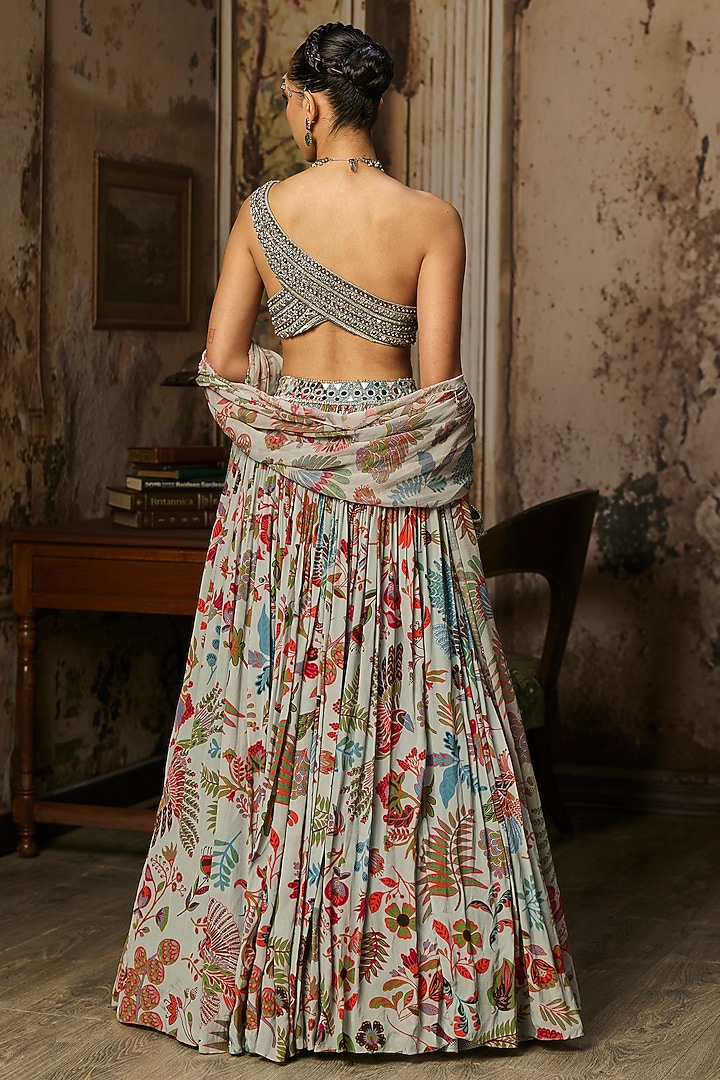 Stale Grey Crepe Featherfall Printed Wedding Lehenga Set by DiyaRajvvir at Pernia's Pop Up Shop