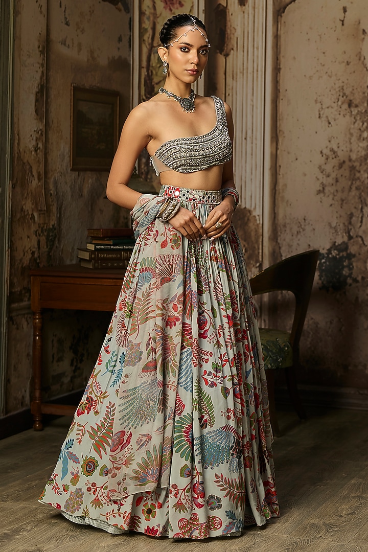 Stale Grey Crepe Featherfall Printed Wedding Lehenga Set by DiyaRajvvir at Pernia's Pop Up Shop