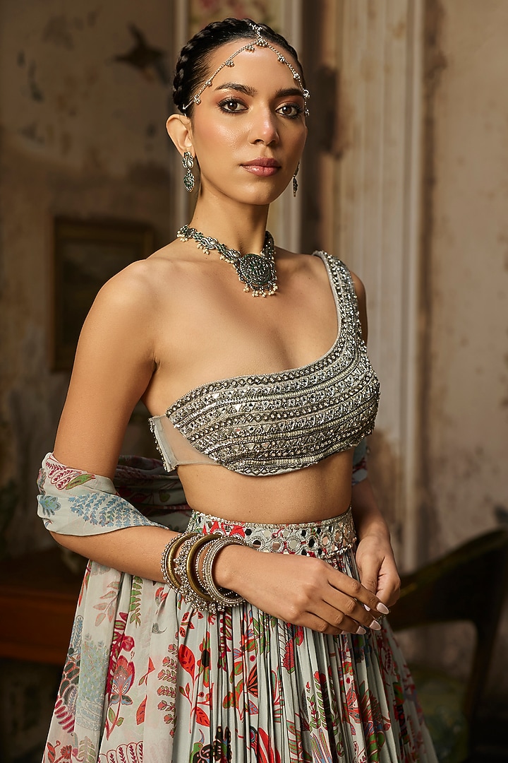 Stale Grey Crepe Featherfall Printed Wedding Lehenga Set by DiyaRajvvir at Pernia's Pop Up Shop