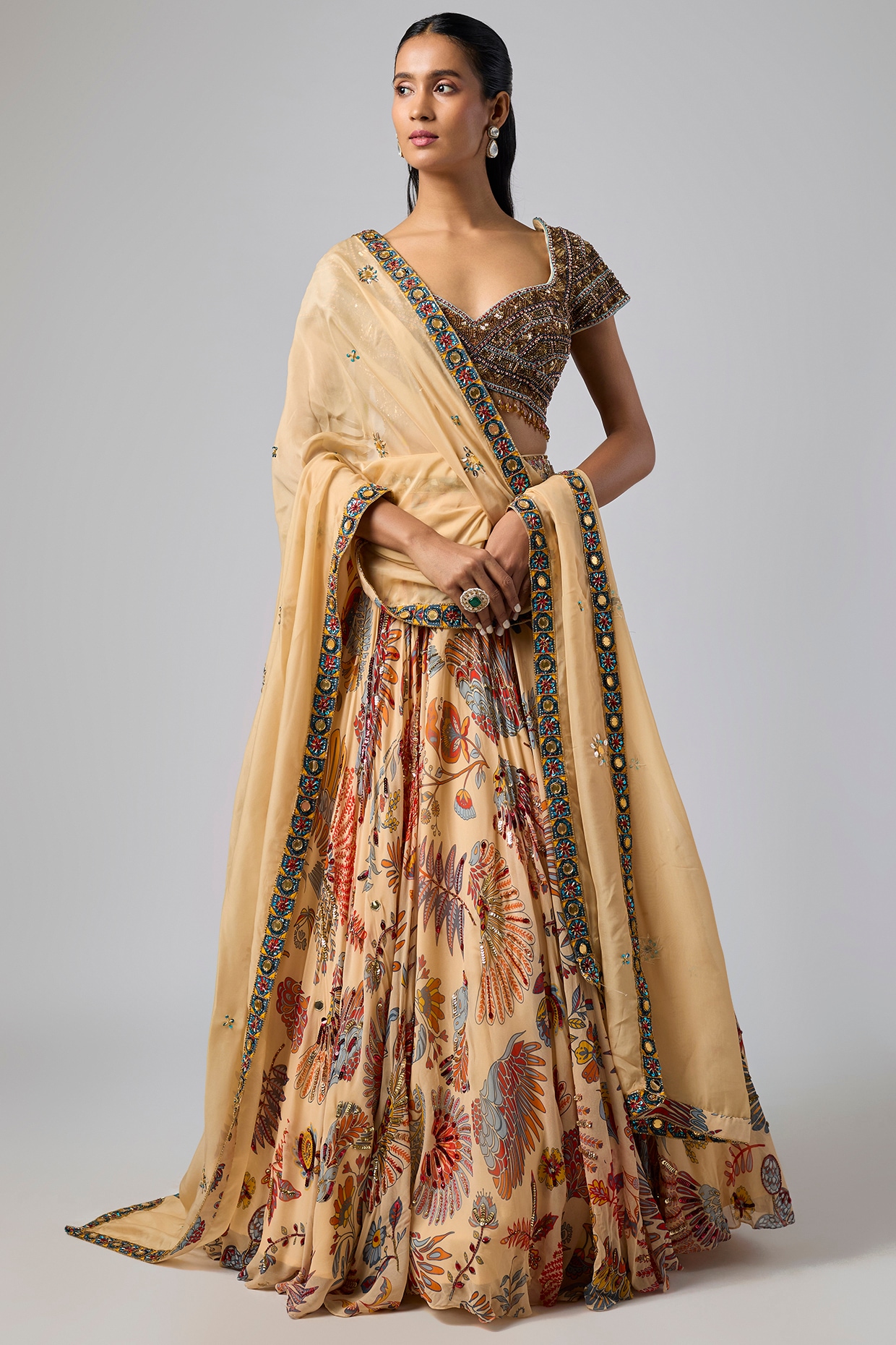 DiyaRajvvir Beige Georgette Featherfall Printed Lehenga Set