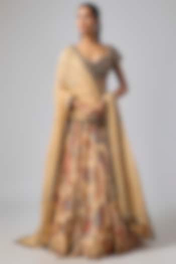 Beige Georgette Featherfall Printed Wedding Lehenga Set by DiyaRajvvir at Pernia's Pop Up Shop
