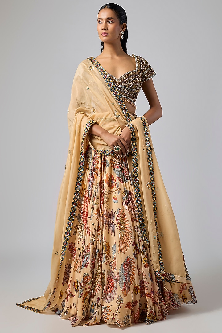 Beige Georgette Featherfall Printed Wedding Lehenga Set by DiyaRajvvir at Pernia's Pop Up Shop
